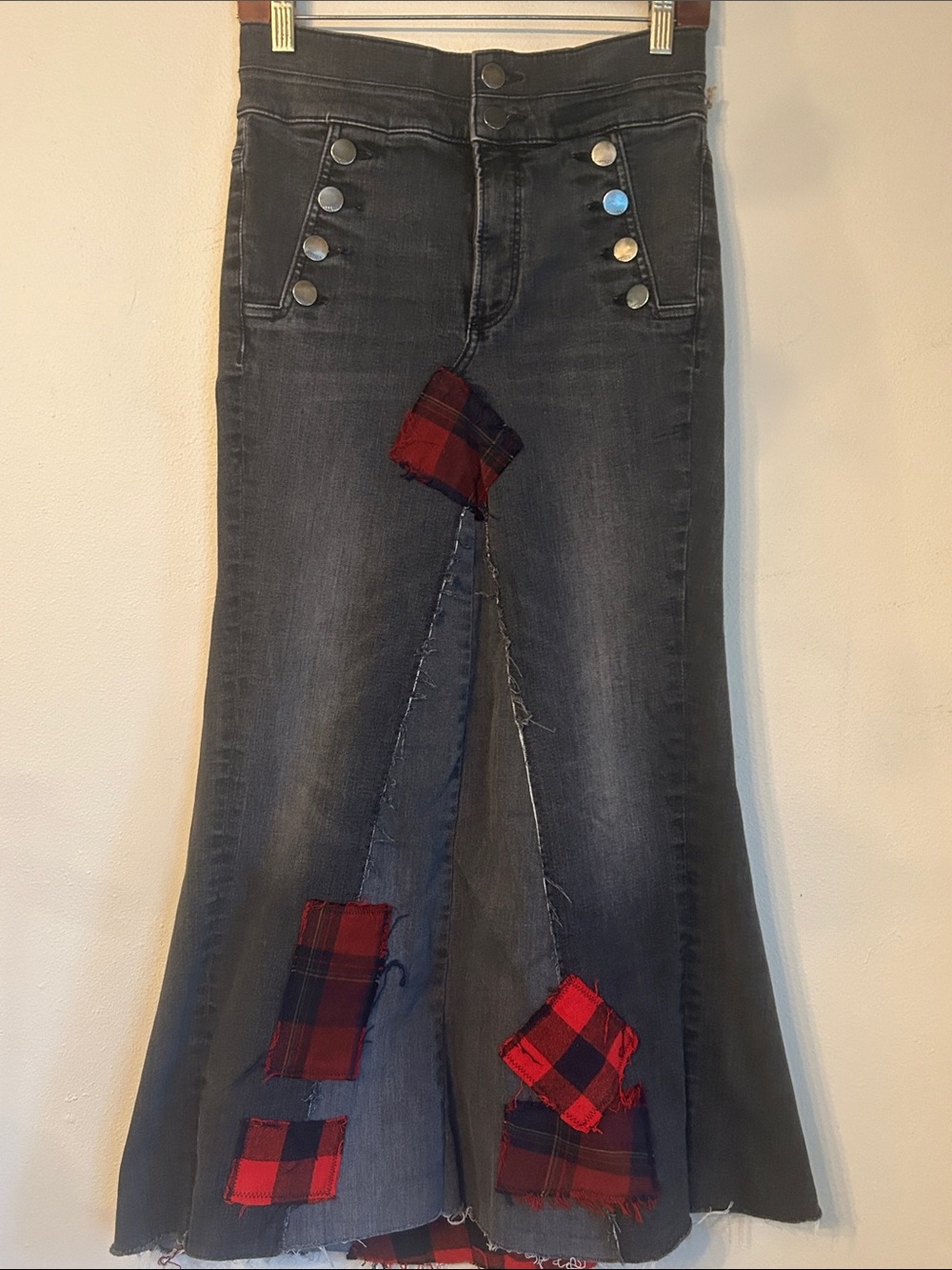 Upcycled express charcoal denim and plaid pirate style maxi skirt